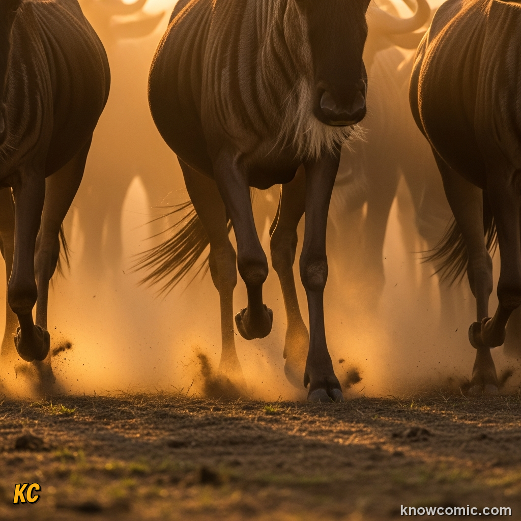Dust cloud rising from the front of the wildebeest column surging forward