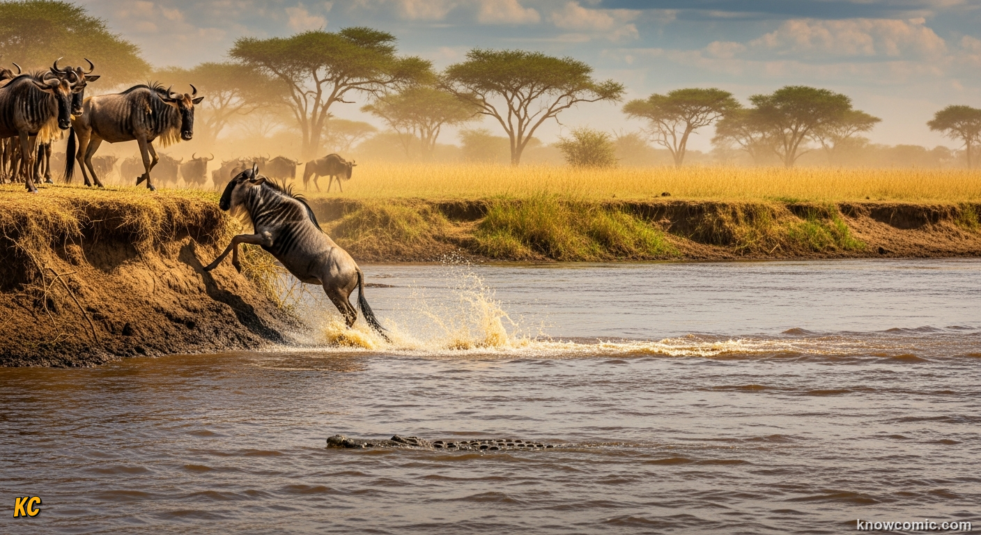 Thousands of wildebeest leaping into the Mara River during the famous dangerous crossing