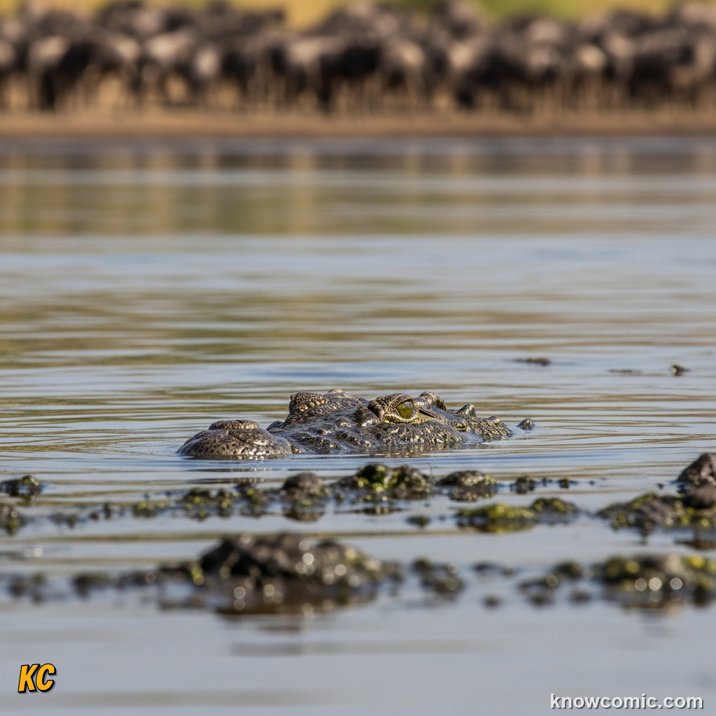 Large Nile crocodile waiting in a river eddy for the wildebeest river crossing