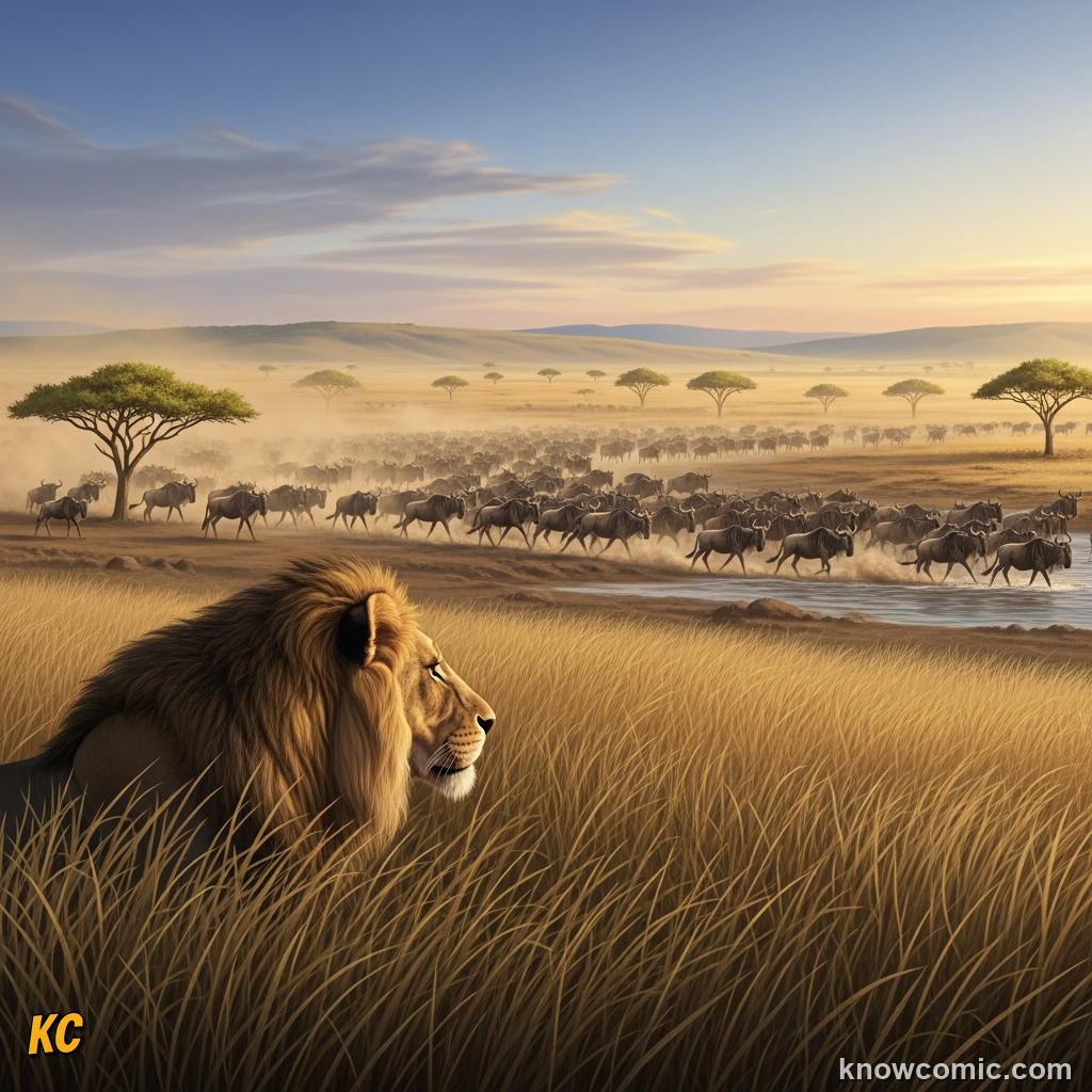 Lions and hyenas waiting on the far bank to catch exhausted wildebeest after crossing