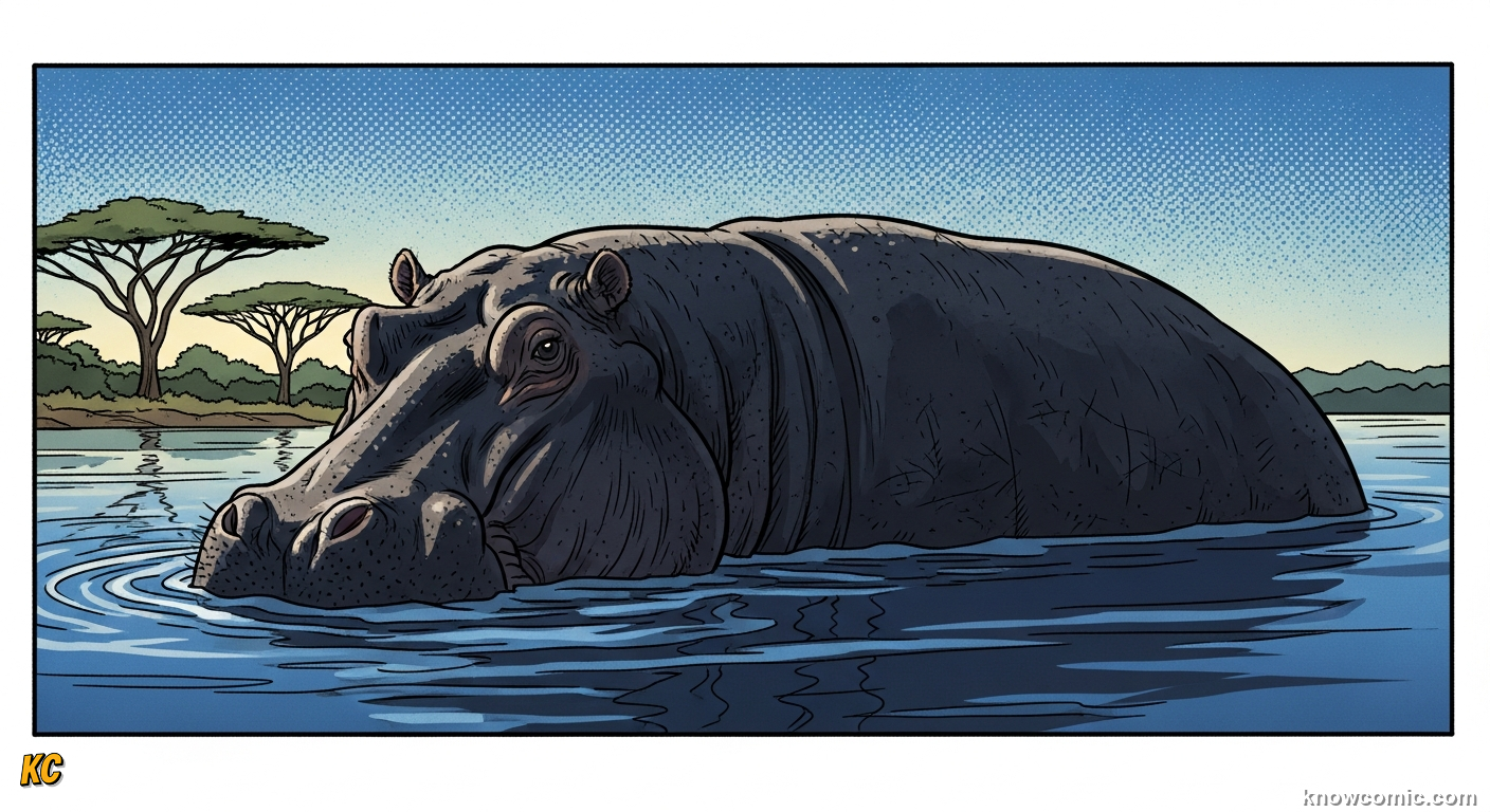 Large hippo surfacing in a river with its mouth open looking directly at the viewer