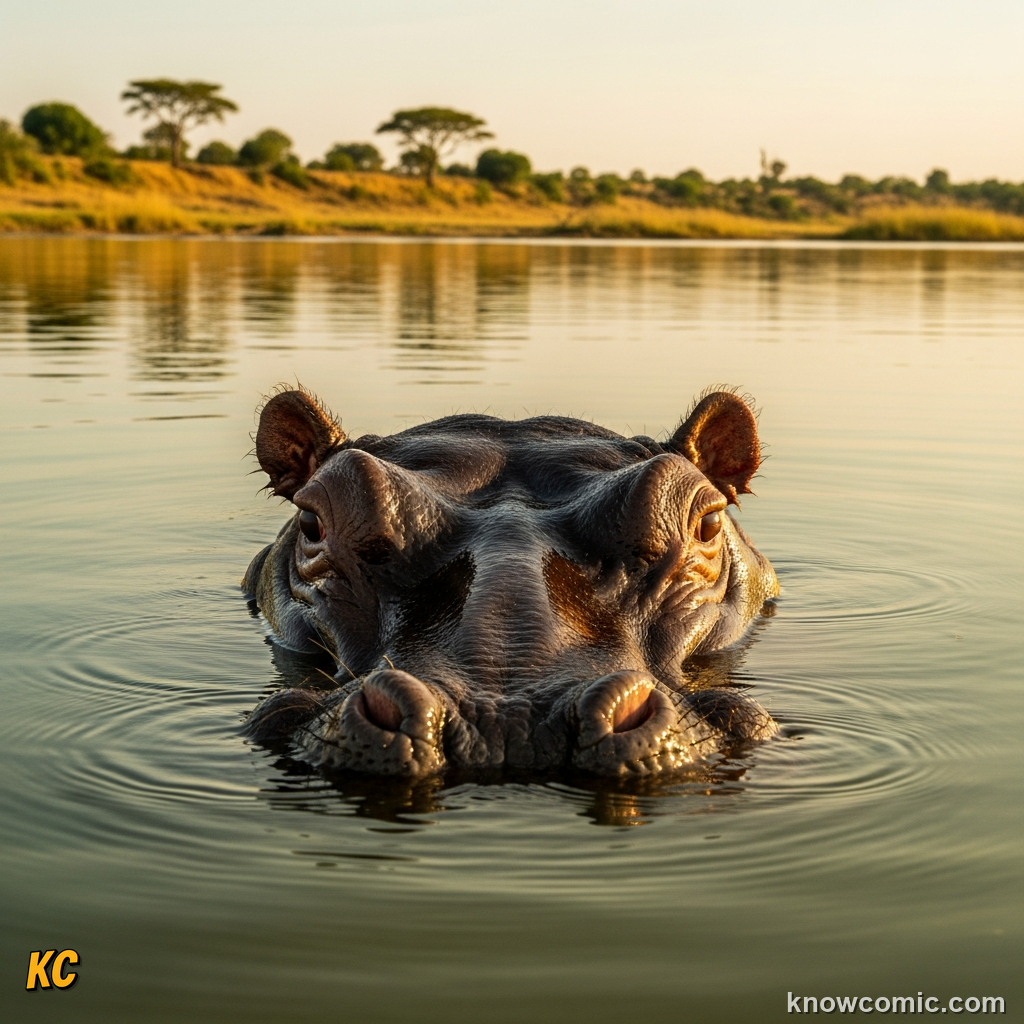 Close-up of hippo face with eyes and nostrils positioned on top of the head