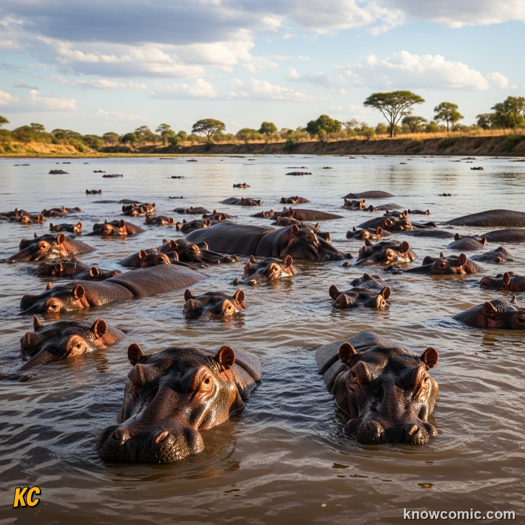 Pod of hippos packed closely together resting in a shallow sub-Saharan river