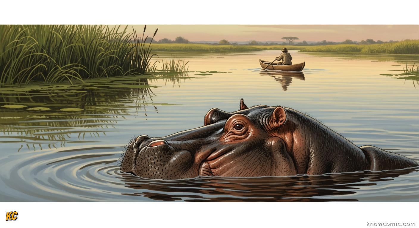 Hippo capsizing a small wooden canoe with fishermen during a surprise encounter