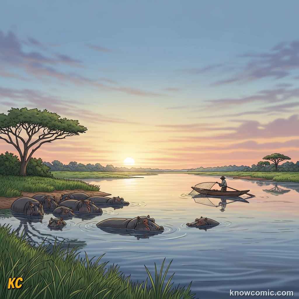 Small wooden canoe floating on a narrow river at high risk of a hippo encounter