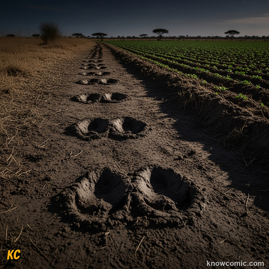 Hippo walking through a village maize field at night trampling crops on a dark path