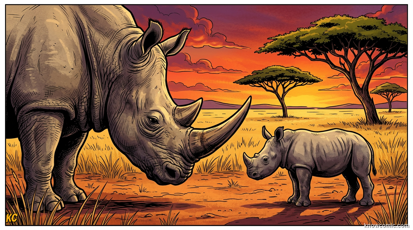 Large grey rhinoceros standing on African grassland with thick folded skin and a horn on its nose