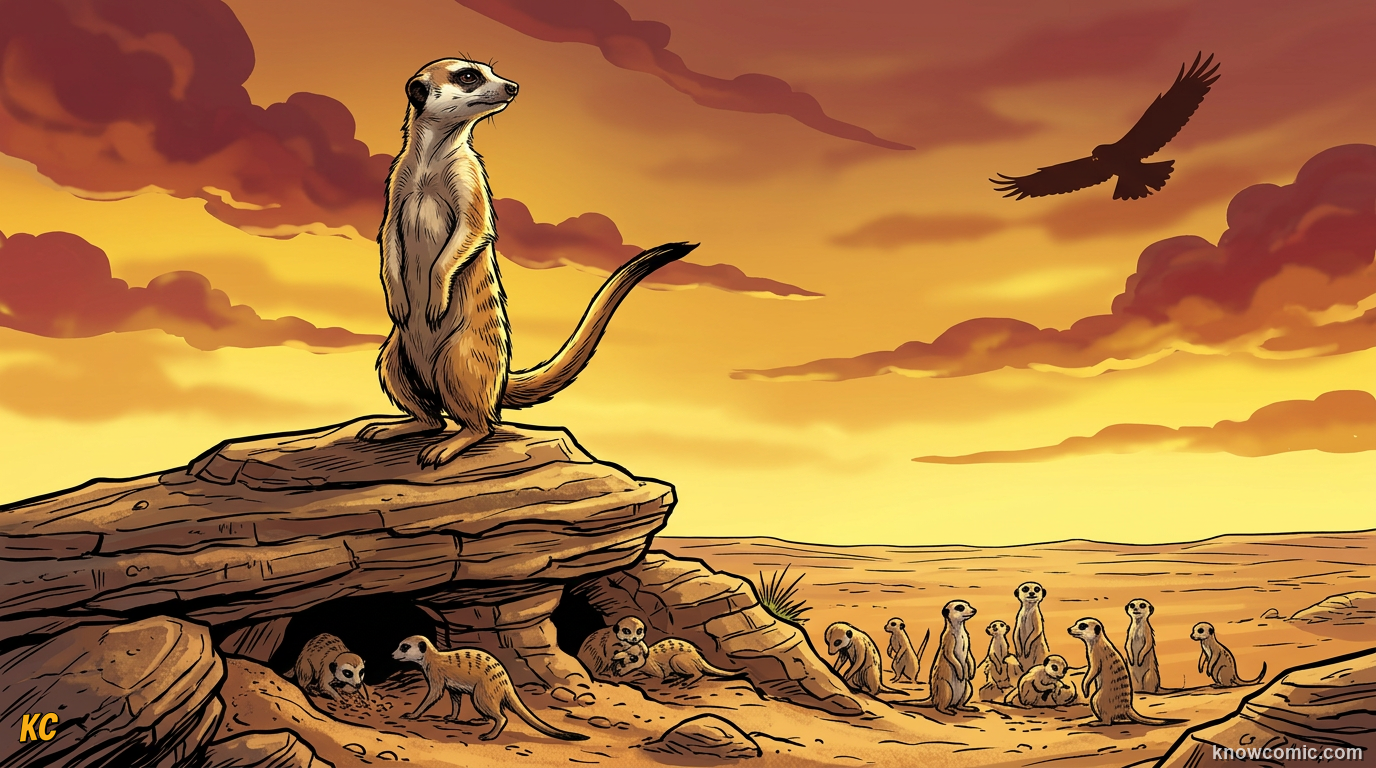 Slim tan meerkat standing upright on sandy Kalahari desert ground with dark eye patches and a bushy tail