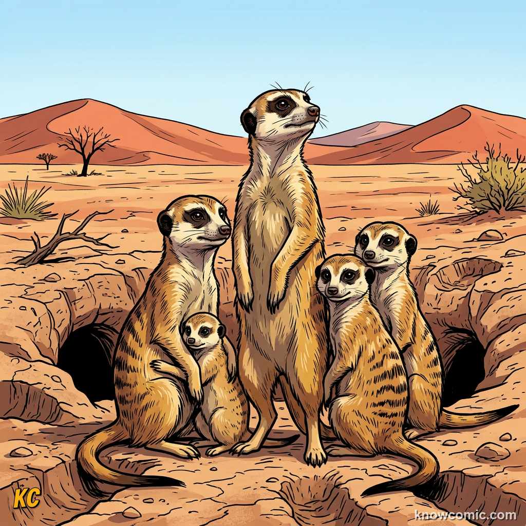 Group of meerkats called a mob standing together near a sandy burrow entrance in the Kalahari