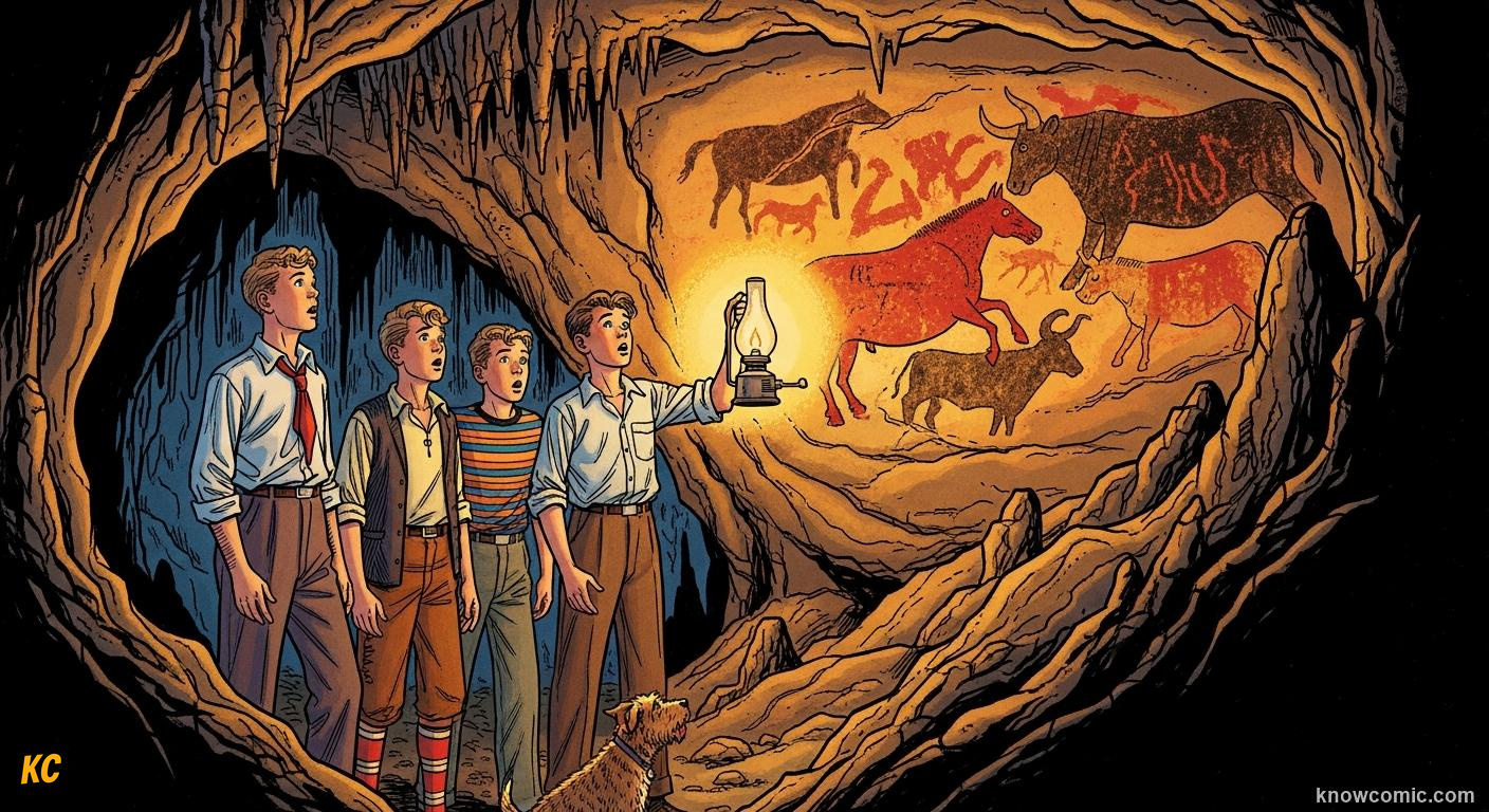 Four teenagers and a dog inside a dark cave, lamplight revealing ancient painted horses and bulls