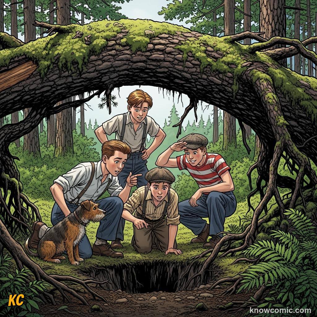 Four 1940s teenage boys and a dog at a narrow hole under a fallen tree in a forest