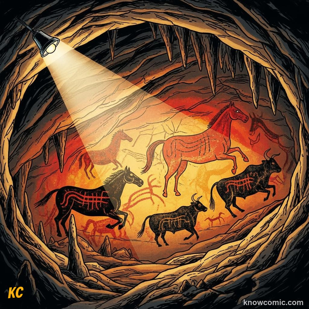 A beam of lamp light revealing ancient painted horses and bulls on a rough cave wall
