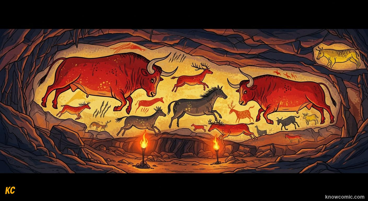 Vast cave ceiling covered with huge prehistoric paintings of bulls, horses and deer