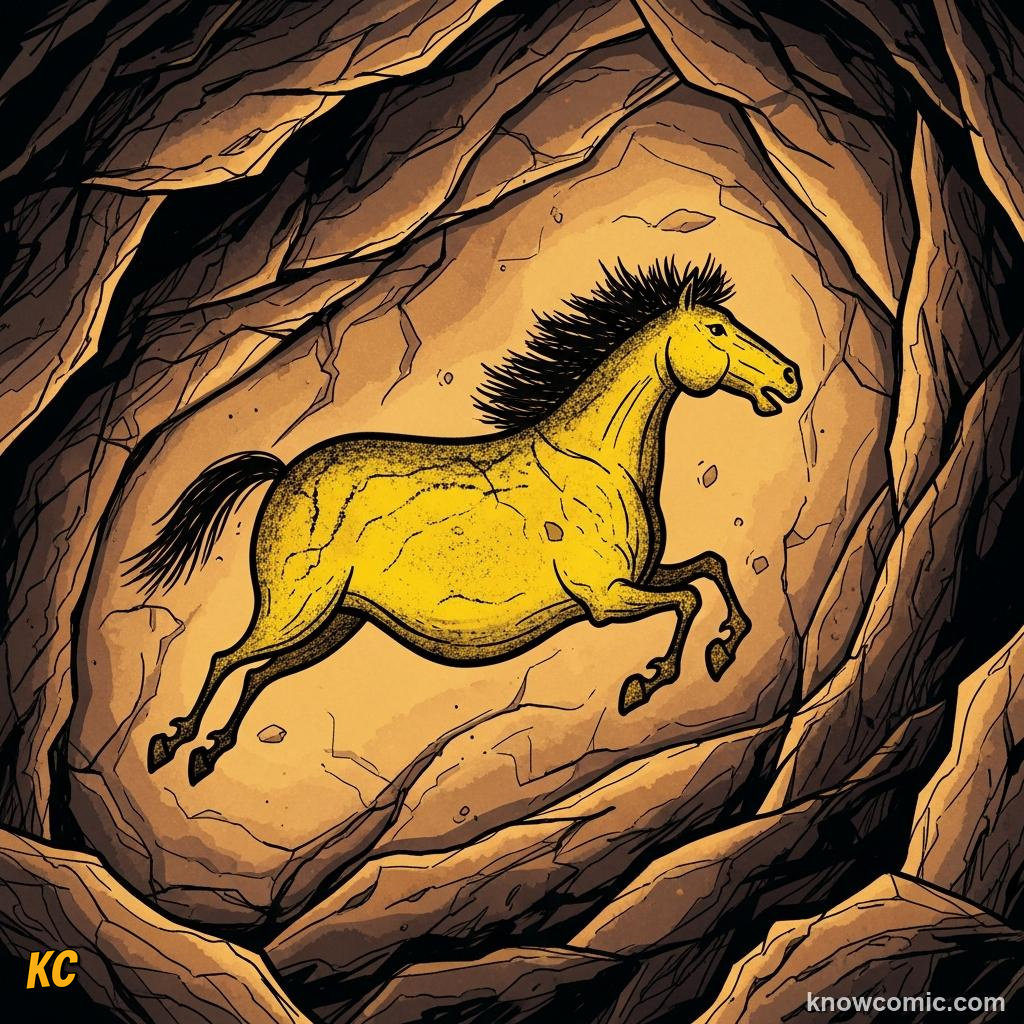 Prehistoric cave painting of a galloping horse with a shaggy mane in ochre and black