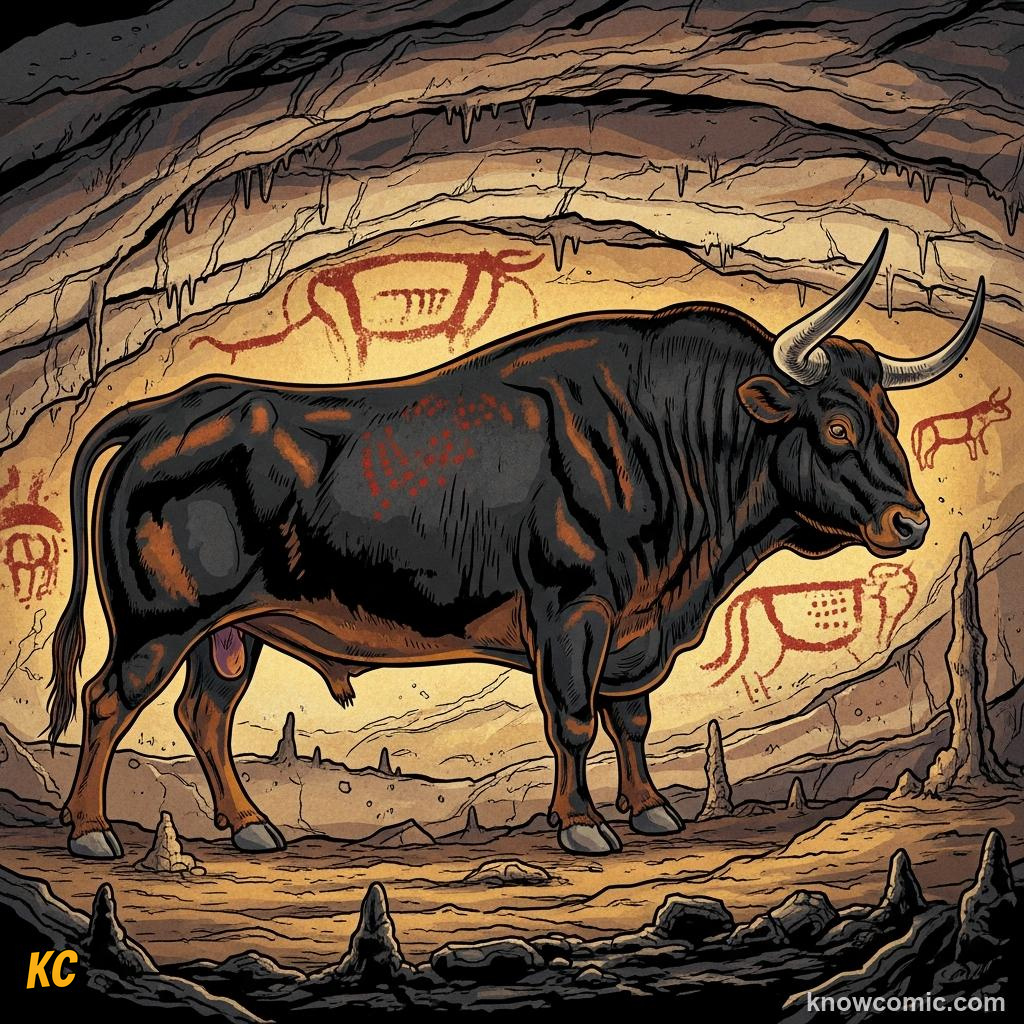Giant prehistoric cave painting of a black and brown aurochs bull with long curved horns