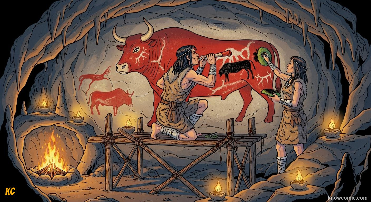 Stone Age artists painting a bull on a cave wall by firelight using bone tubes and charcoal