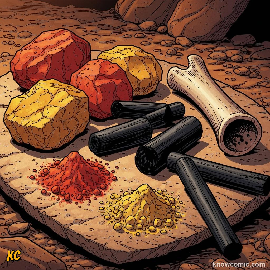 Stone Age painting materials: red and yellow ochre rock, charcoal, a stone palette and a bone tube