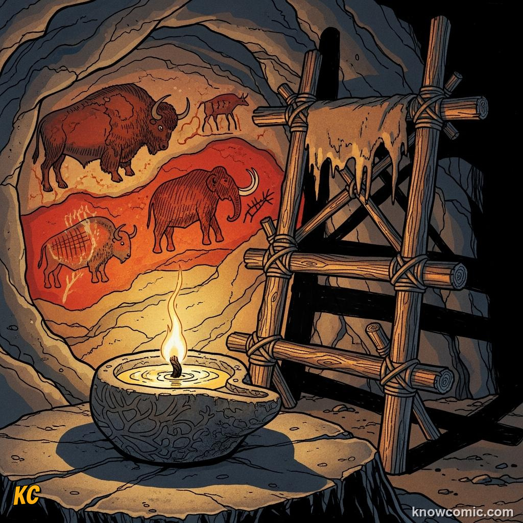 A Paleolithic stone lamp burning animal fat beside a wooden scaffold on a cave wall