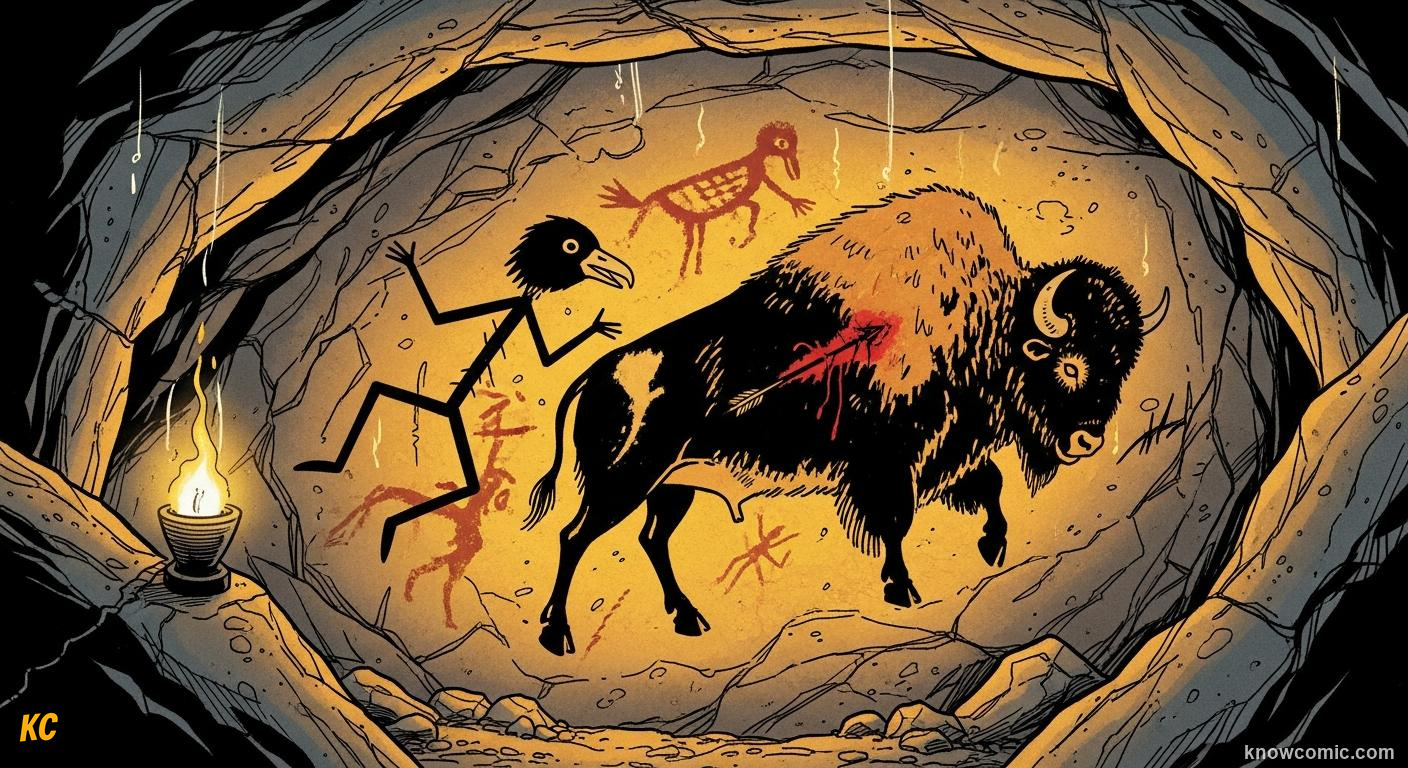 Mysterious cave painting of a bird-headed man falling beside a wounded bison by lamplight