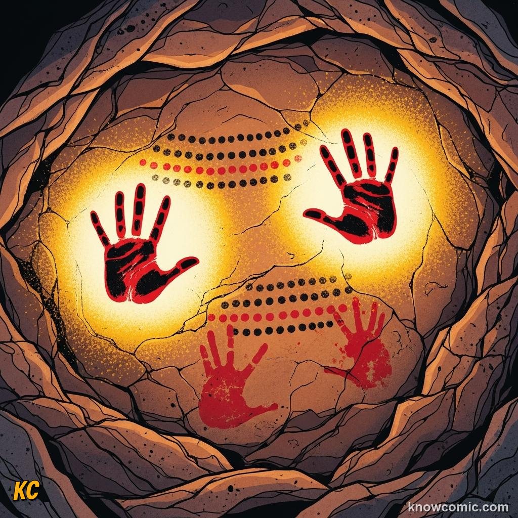 Prehistoric red hand stencils and rows of painted dots on a rough cave wall