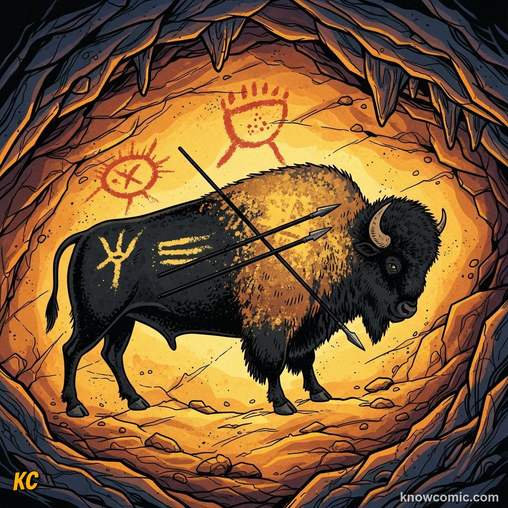 Prehistoric cave painting of a bison with painted spear marks across its body