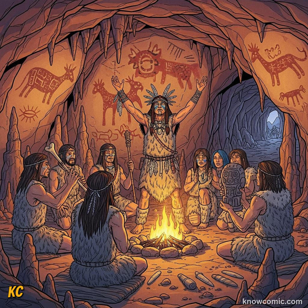 Stone Age people in furs gathered around a fire in a cave for a ritual with a shaman