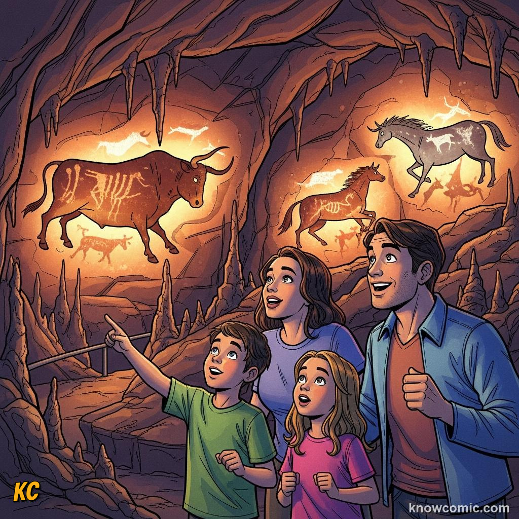 Families and children looking up at prehistoric animal paintings in a replica cave