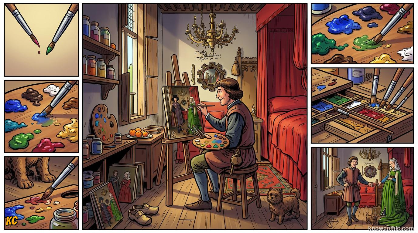 A Northern Renaissance artist painting a detailed domestic interior scene with oil paints in the Netherlands