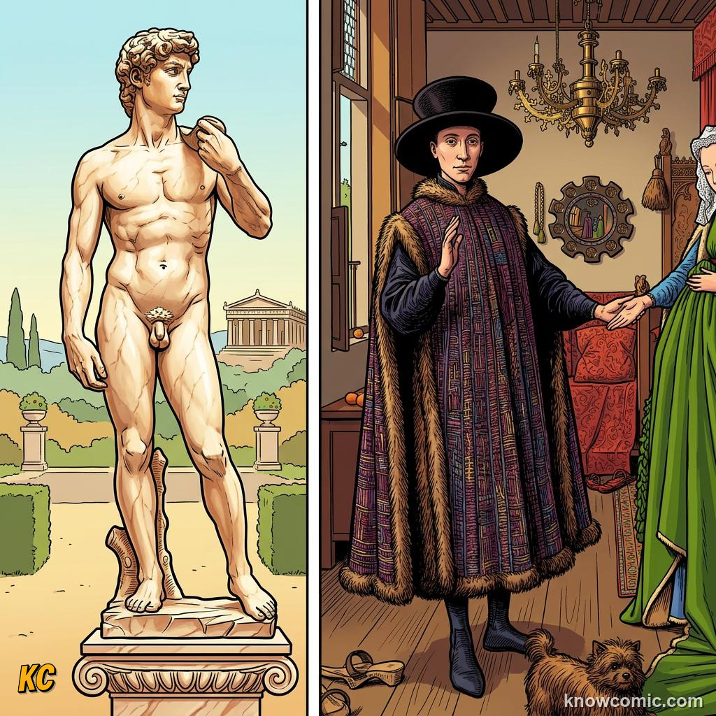 A comparison showing Italian ideal figures beside Northern detailed domestic scenes