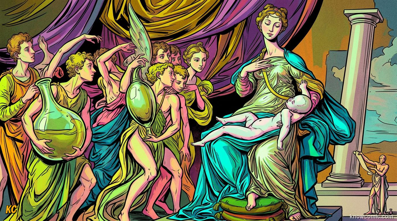 A Mannerist painting with elegant twisted figures, clashing colours and stretched proportions in an Italian palace room