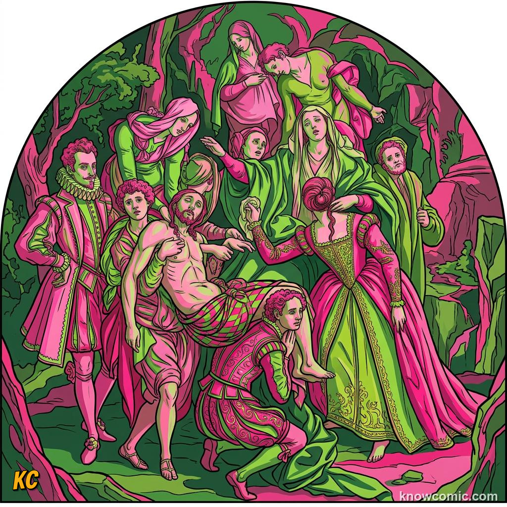 A Mannerist painter carefully arranging an unnatural elegant pose with clashing pink and green colours on a canvas
