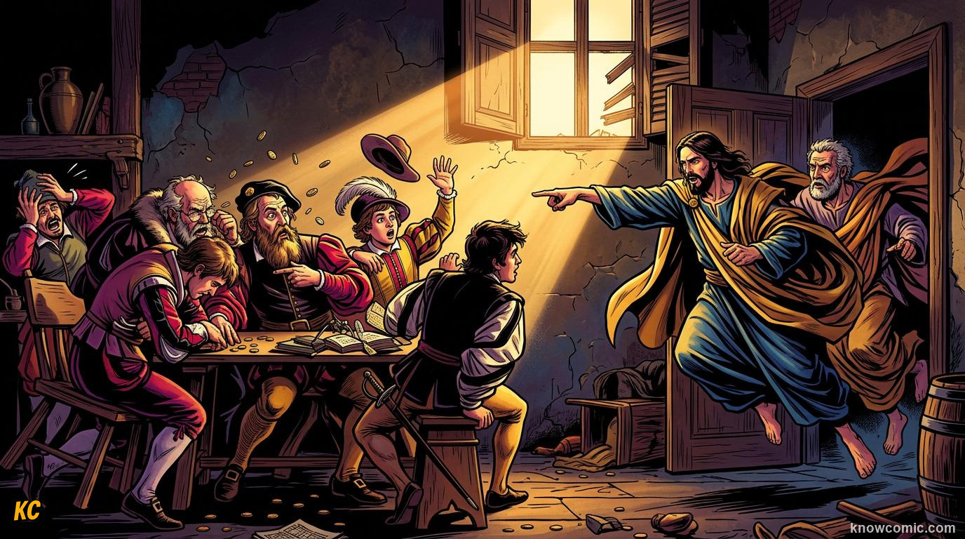 A dramatic Baroque painting with swirling movement, strong emotion and bold light flooding a dark scene like a movie frame