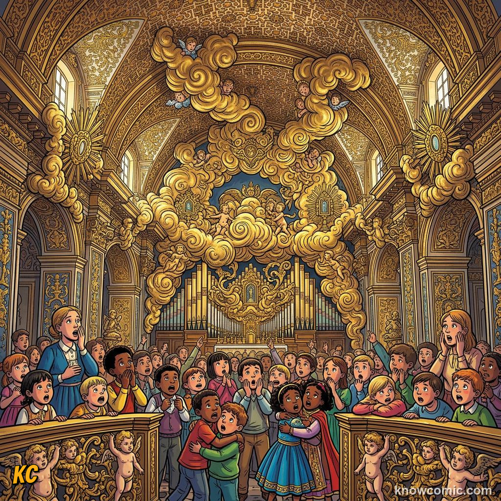 A grand Counter-Reformation church interior filled with golden decoration and powerful religious art