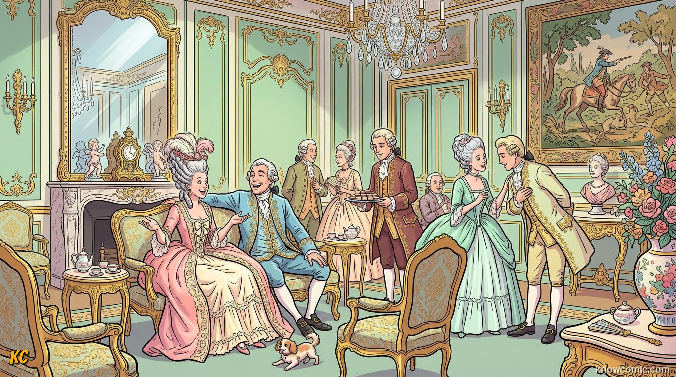 A Rococo palace interior with soft pastel colours, gold decoration and elegant curved lines