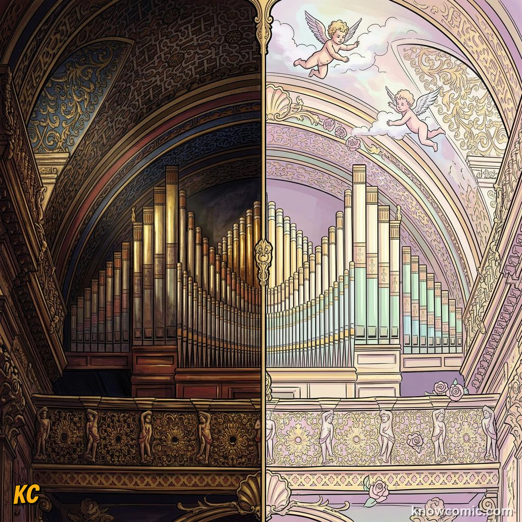 Side by side contrast of heavy dark Baroque drama and light airy Rococo decoration