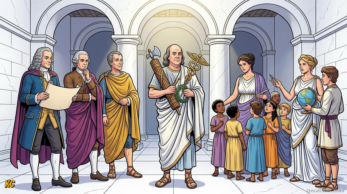 A Neoclassical painting with clear lines, noble Roman figures and a calm heroic mood inspired by ancient Greece