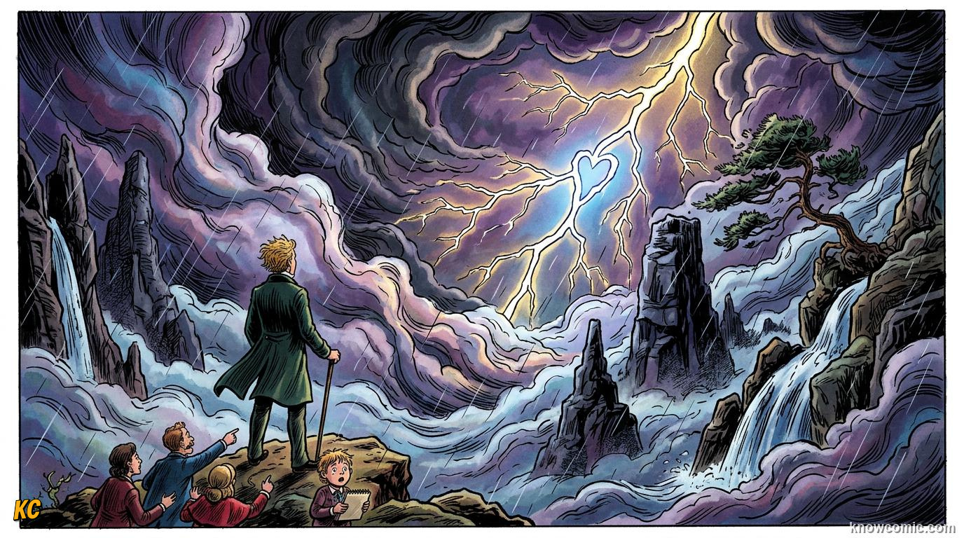 A Romantic painting showing wild nature, stormy skies and deep human emotion with vivid colour and dramatic mood