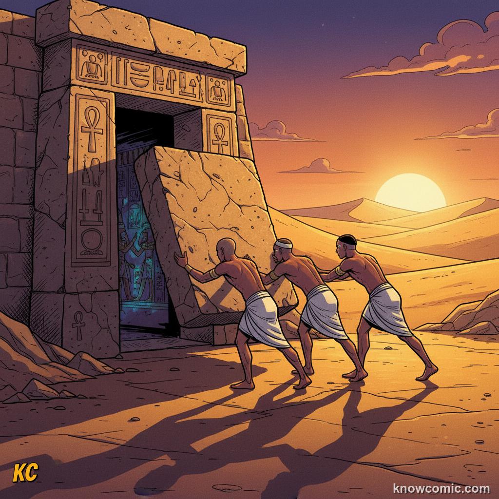 Ancient Egyptian workers sealing a stone tomb doorway in the desert at dusk