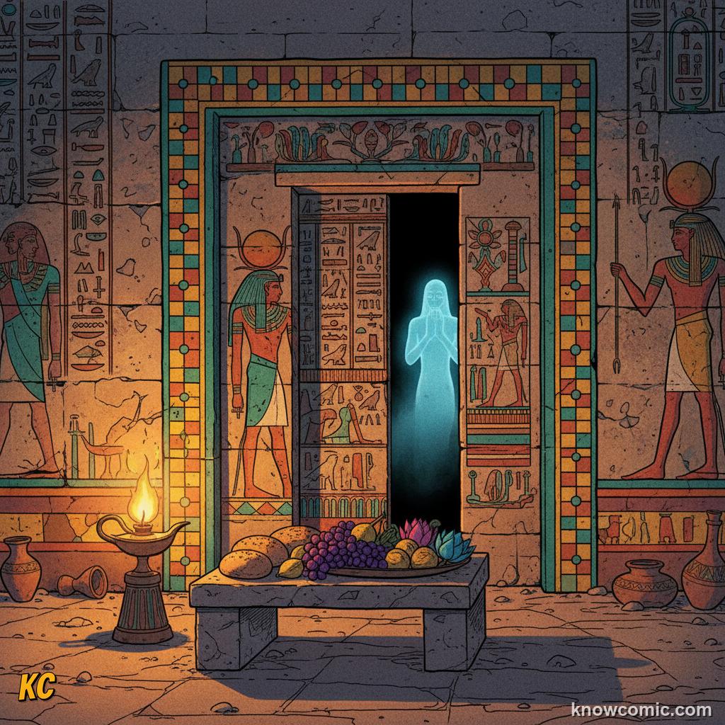 A carved and painted Egyptian false door in a tomb wall with offerings of bread and fruit placed before it