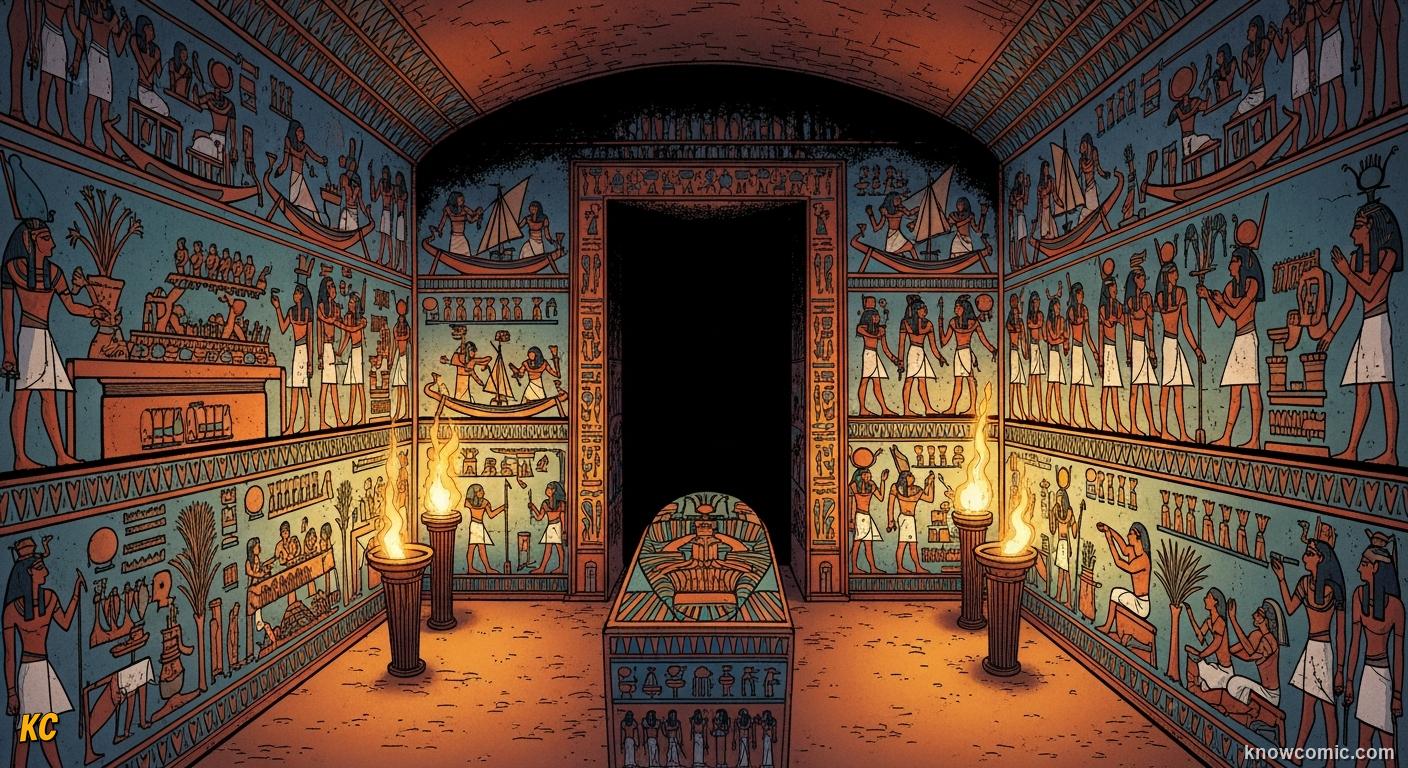 A torchlit ancient Egyptian tomb chamber with every wall covered in colourful painted figures and symbols
