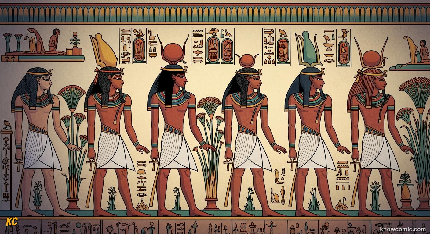 Classic Egyptian wall painting of figures with heads in profile, front-facing eyes and shoulders, and sideways legs