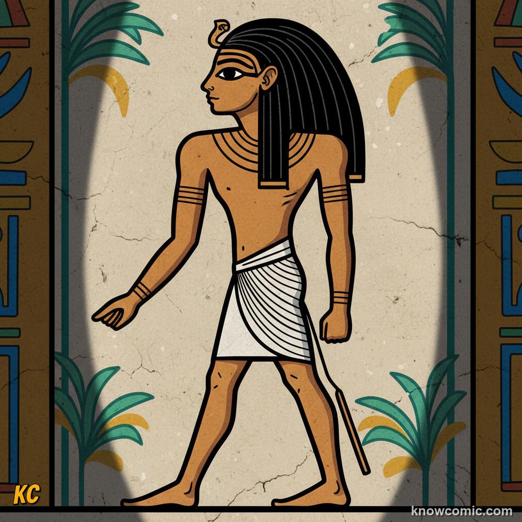 Close-up of a single painted Egyptian figure showing the side profile head with a front-facing eye