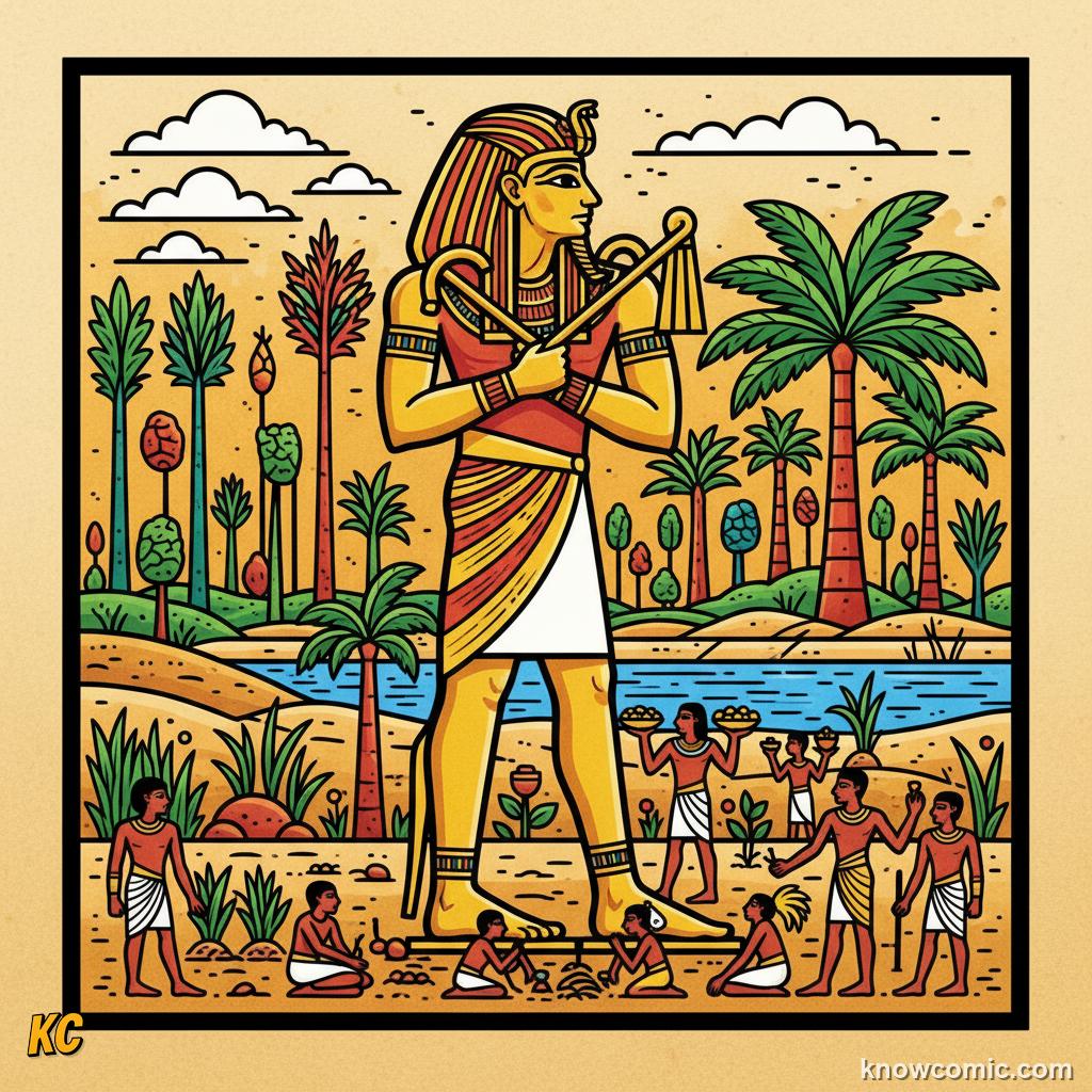 Egyptian wall painting of a giant pharaoh towering over much smaller painted servants