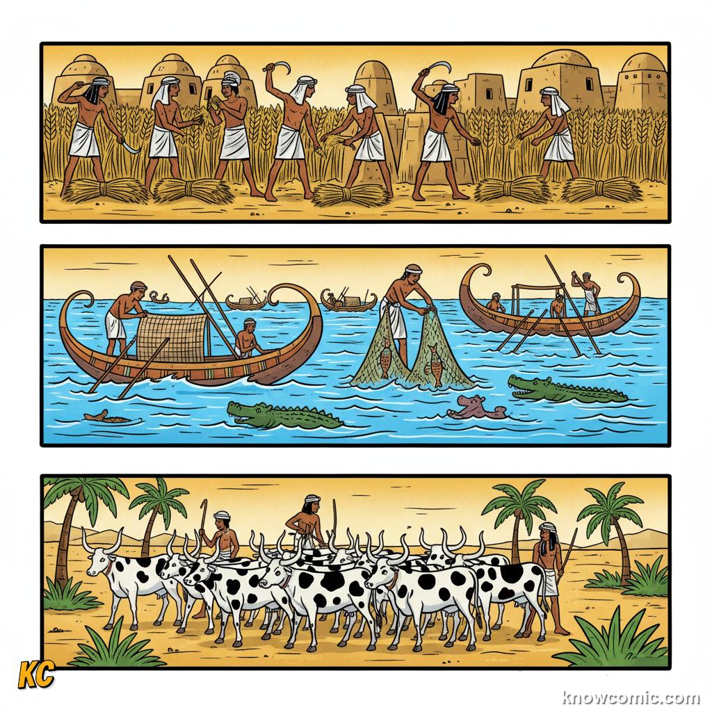 Egyptian tomb painting arranged in neat horizontal rows showing farming, fishing and boats