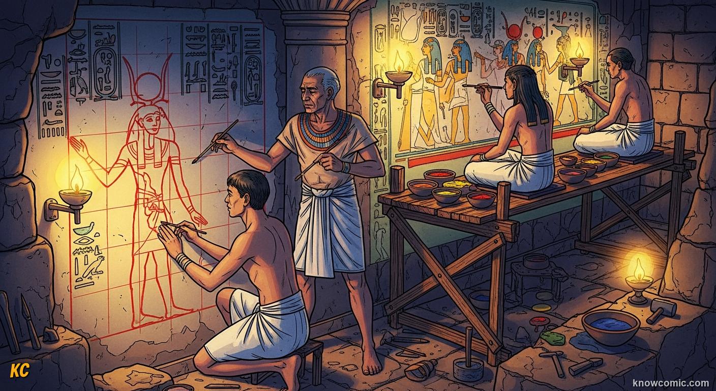 A team of ancient Egyptian artists painting a tomb wall by oil lamp light, one drawing outlines and others filling colours