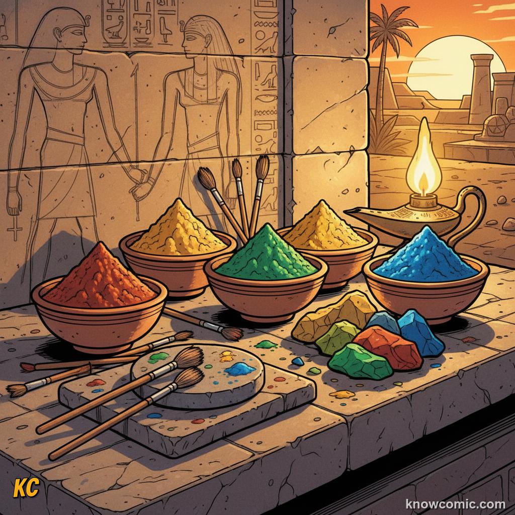 Ancient Egyptian painting materials: bowls of ground ochre, green malachite, blue pigment and reed brushes