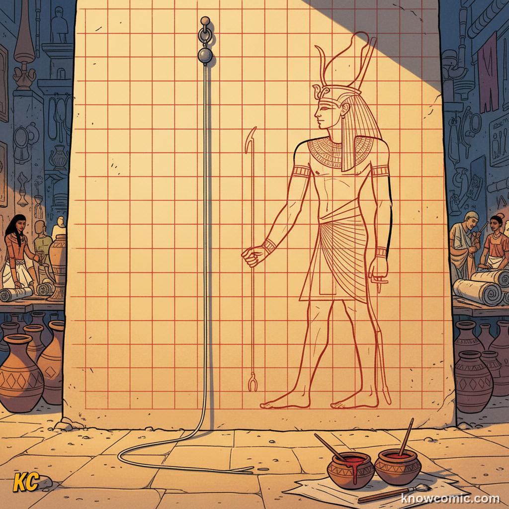A red grid of squares snapped onto a tomb wall with an outlined Egyptian figure drawn over it