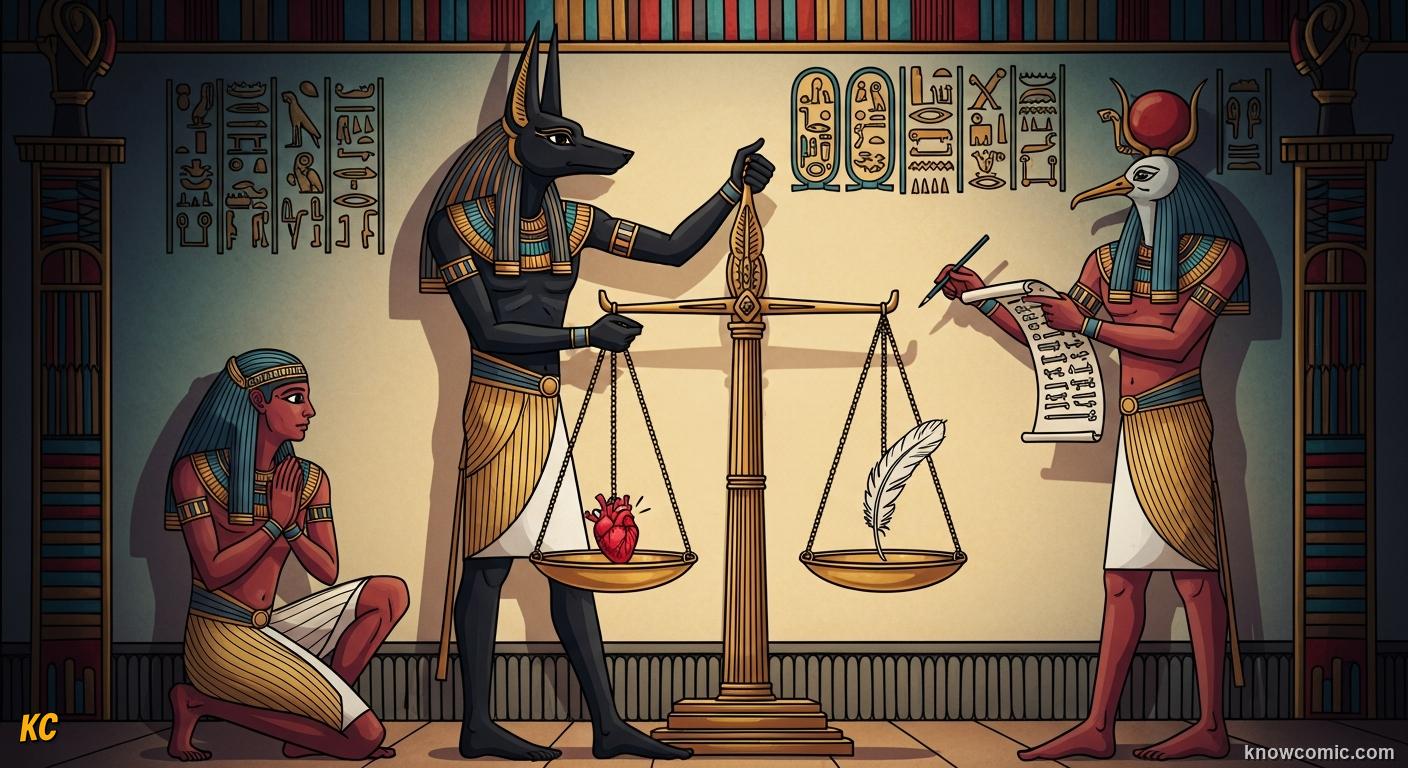 Egyptian wall painting of jackal-headed Anubis weighing a heart against a feather on golden scales