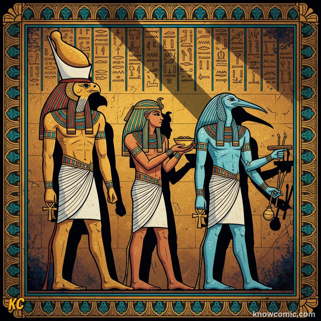 Egyptian painting of falcon-headed Horus and ibis-headed Thoth standing with a pharaoh