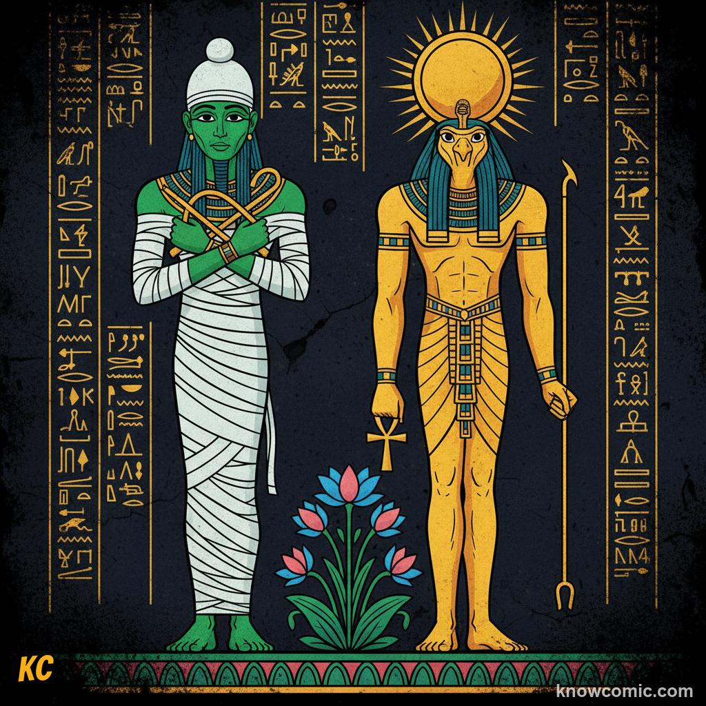 Egyptian painting of green-skinned Osiris beside a golden-skinned god showing colour symbolism